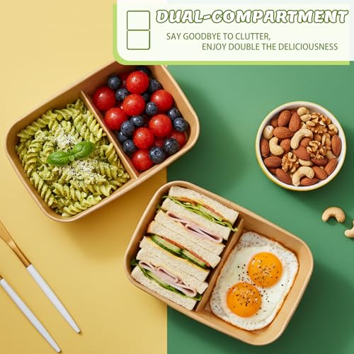 8 Pack 32oz Paper Lunch Box Bento Boxes, 2-Compartment Kraft Brown Paper Take Out Food Containers with Lids, Leakproof & Microwave Safe, Disposable To Go Boxes for Picnics, Offices, Catering, Green - color: Green Lid & Kraft Brown Box