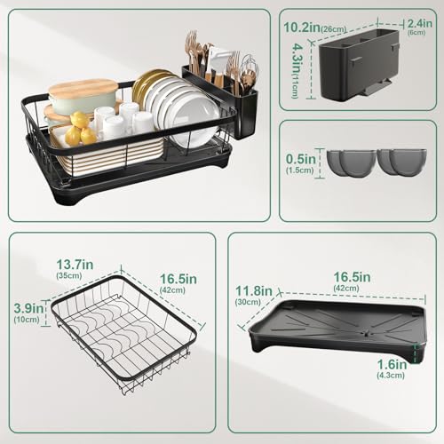 Dish Drying Rack for Kitchen Counter – Large Capacity Single Tier Dish Drainer with Utensil Holder & Cutlery Tray, Space Saving Countertop Organizer, Black - color: Single Tier - Black