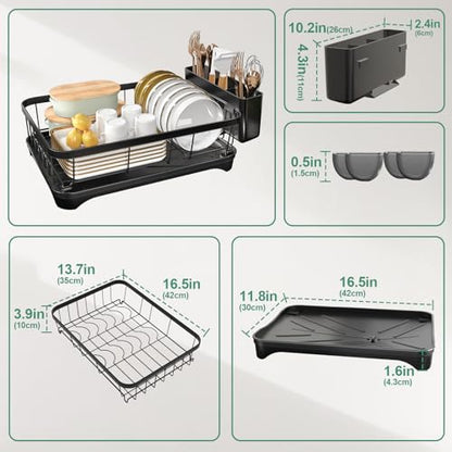 Dish Drying Rack for Kitchen Counter – Large Capacity Single Tier Dish Drainer with Utensil Holder & Cutlery Tray, Space Saving Countertop Organizer, Black - color: Single Tier - Black