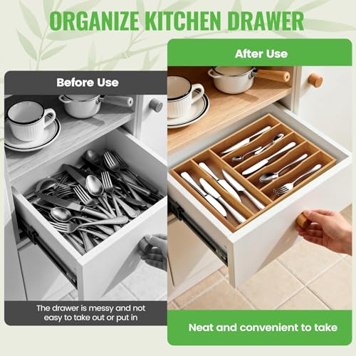 Bamboo Silverware Organizer, 12 Inch Bamboo Kitchen Drawer Cutlery Organizer, Utensil Holder, Flatware Organizer Tray (15.8"x11.9"x1.6") - size: Large