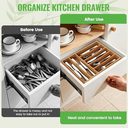 Bamboo Silverware Organizer, 12 Inch Bamboo Kitchen Drawer Cutlery Organizer, Utensil Holder, Flatware Organizer Tray (15.8"x11.9"x1.6") - size: Large