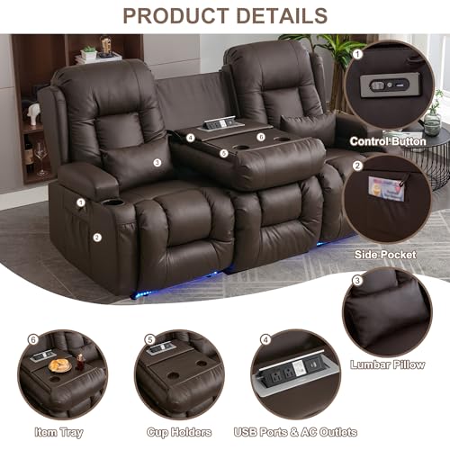TUNYI Power Loveseat Recliner Sofa with Massage & Heat Home Theater Seating with Console RV Recliner Loveseat Sofa with USB/Storage/Side Pocket/LED Light/Speaker (Brown, 3 Seat) - color: Brown, size: 3 Seat