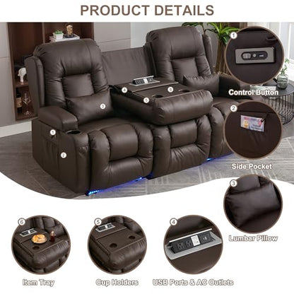 TUNYI Power Loveseat Recliner Sofa with Massage & Heat Home Theater Seating with Console RV Recliner Loveseat Sofa with USB/Storage/Side Pocket/LED Light/Speaker (Brown, 3 Seat) - color: Brown, size: 3 Seat