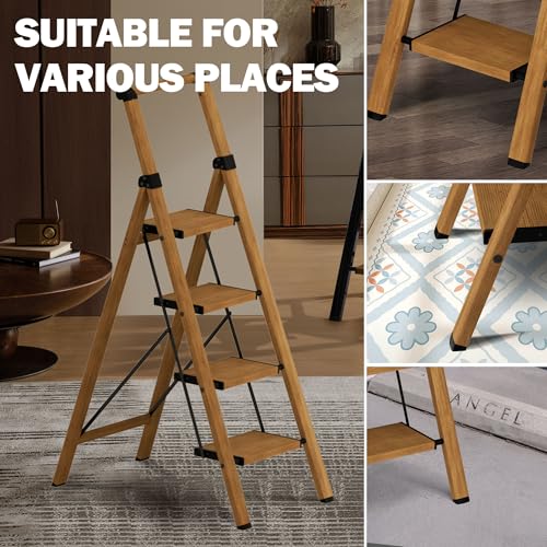 4 Step Ladder,Lightweight Folding Step Stool with Aluminum Wide Pedal& Convenient Handgrip,330lbs Capacity Steel Ladder for Household and Office(Woodgrain) - color: Woodgrain, size: 4 Step