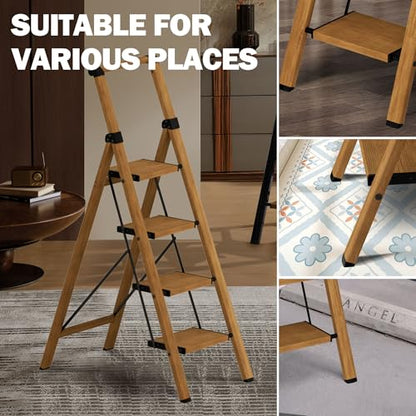 4 Step Ladder,Lightweight Folding Step Stool with Aluminum Wide Pedal& Convenient Handgrip,330lbs Capacity Steel Ladder for Household and Office(Woodgrain) - color: Woodgrain, size: 4 Step