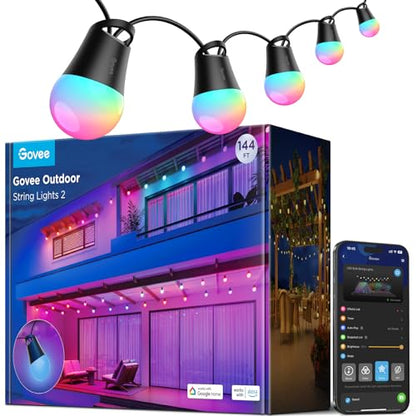Govee Smart Outdoor String Lights 2, 144ft Outdoor Lights with Dimmable Warm White LED Bulbs, 47 Scene Modes for Patio, Backyard, Balcony, IP65 Waterproof, Works with Alexa, App Control - size: 144ft