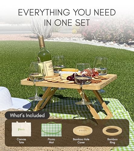 Portable Wine Picnic Table - Foldable Bamboo Snack Tray with Glass & Bottle Holders - Picnic Wine Set for Beach, Camping, Park - Gift for Wine Lovers
