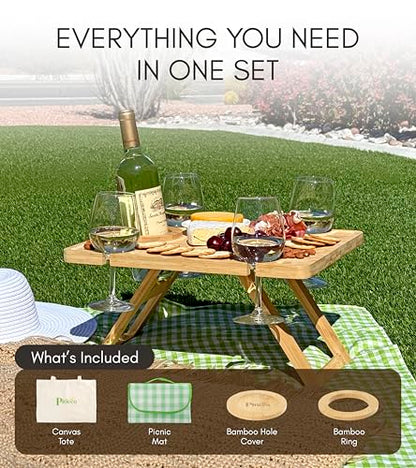 Portable Wine Picnic Table - Foldable Bamboo Snack Tray with Glass & Bottle Holders - Picnic Wine Set for Beach, Camping, Park - Gift for Wine Lovers