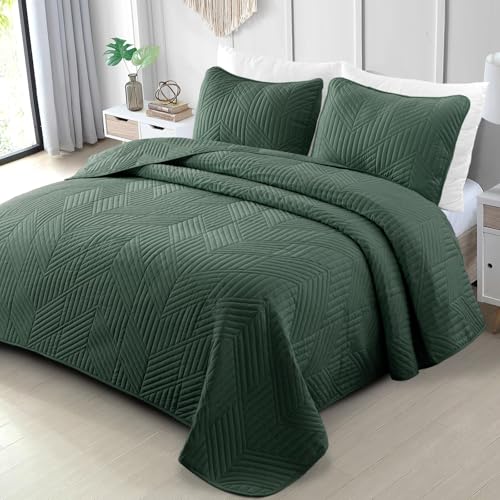 Exclusivo Mezcla Ultrasonic Twin Quilt Bedding Set, Lightweight Green Bedspreads Soft Modern Geometric Coverlet Set for All Seasons (1 Quilt and 1 Pillow Sham) - color: Dark Green, size: Twin (68"x88")