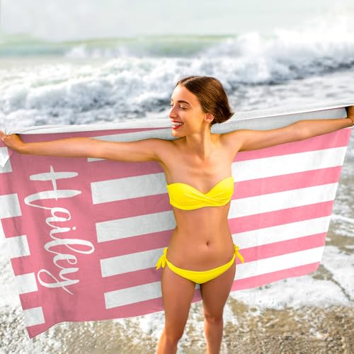 MeMoShe Personalized Beach Towel with Name Custom Microfiber Kids Beach Towels Sand Free Quick Dry Pool Towel Blanket Stripes Print Beach Towels for Adults 30x60 Inch-Pink-2 - color: Pink-2