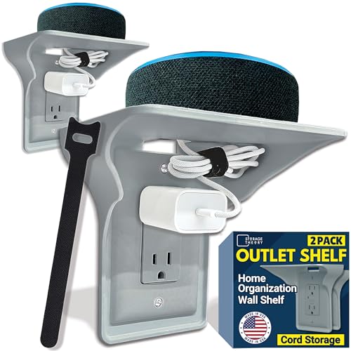 Power Perch Outlet Shelf Organizer for Alexa Echo Dot, HomePod Mini Speakers, Phone - Wall Outlet Holder with Cord Storage Strap - Socket Shelf Bathroom Kitchen Counter Charging Station - Gray 2 Pack - color: Grey, size: Single Outlet 2 Pack