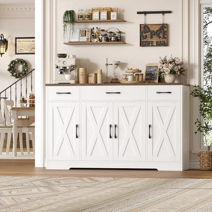 HOSTACK Buffet Cabinet with Drawers, 55" Large Sideboard Buffet Storage Cabinet with Shelves and Doors, Modern Farmhouse Coffee Bar Station Wood Kitchen Table for Kitchen, Dining Room, White/Rustic - color: White/Rustic