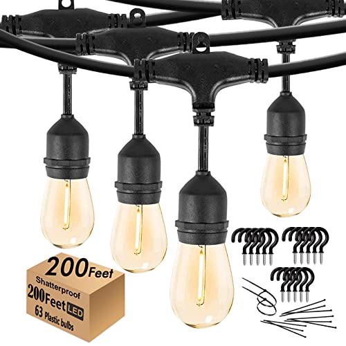 200FT String Lights for Outside LED Patio Lights Outdoor Waterproof with 63 Shatteproof Edison Lights Outdoor String Lights 2200K for Patio Gazebo Pergola Café - size: 200FT