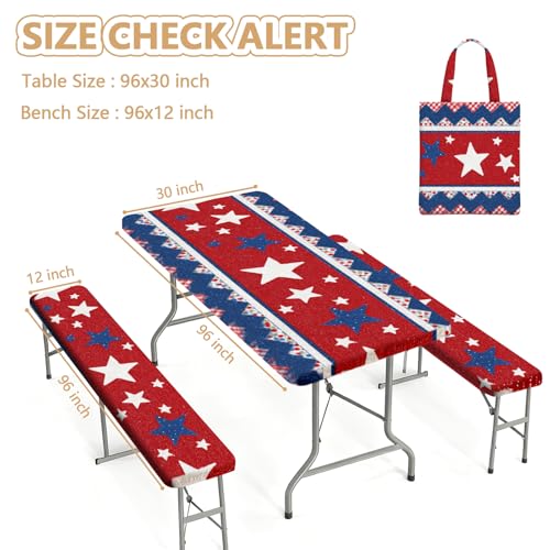 Picnic Table Cover with Bench Covers Elastic Edges, Outdoor Patio Camping Essentials 96 Inch 3PCS, Waterproof Camping Fitted Tablecloth with Handbags (Red white blue star stripe) - color: American Elements, size: 96" x 30" (Rectangular)