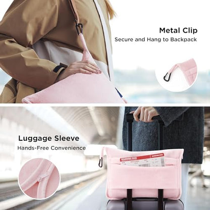 Bedsure Travel Blanket Airplane Compact with Storage Bag, Packable Blanket with Eye Mask, Lightweight 2-in-1 Travel Essentials, Functioned as Pillow for Airplane Comfort and Warmth, Pink - color: Pink