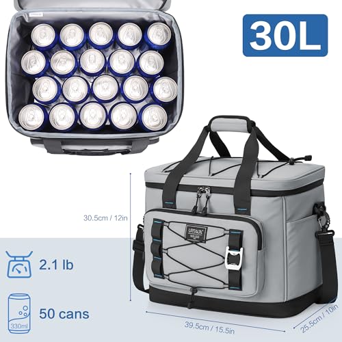 Large Insulated Cooler Bag, 50 Can Soft Sided Collapsible Ice Chest for Camping, Travel, Grocery, Kayaking & Beach (Waterproof, Leak-Proof, 30L) - color: Gray