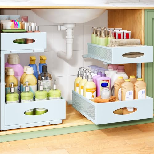 Under Sink Organizer, 2-Pack Pull Out Cabinet Organizer 2 Tier Metal Slide Out Storage Shelf Rack, L-Shaped Adjustable Height,Mesh Sliding Drawer for Kitchen, Bathroom, Laundry, Pantry, Blue, XL - color: Blue, size: 2-Pack