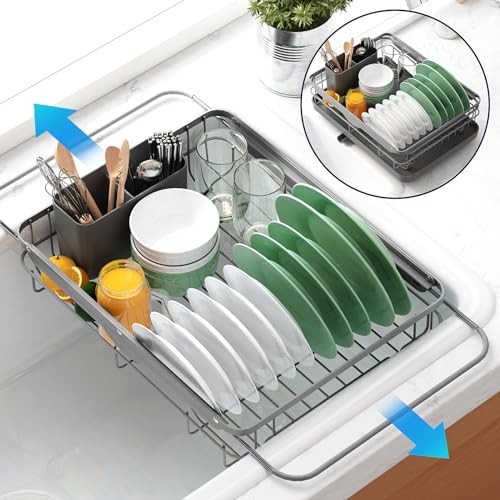 Kitsure Dish Drying Rack for Kitchen Counter, Stainless Steel Sink Organization and Storage Essentials with Cutlery Holder, Home and Appartment Decor, 12.2''W x 15.7''~23''L, Grey - color: Gray, size: 12.2''W x 15.7''~23''L - 1 Tier
