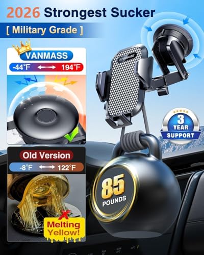 [True Military-Grade] Car Phone Holder VANMASS [Upgraded Strongest Suction&Clip] Cell Phone Mount for Dashboard Windshield Vent Kit, Truck Cradle Stand for iPhone 17 Pro Max 16 15 14 Android,Ink Black - color: Ink Black