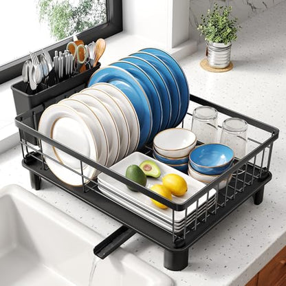 SNTD Dish Drying Rack - Space-Saving Dish Rack for Kitchen Counter, Stainless Steel Dish Drainer with Utensil Holder and Drainboard, 11" W x 15" L (Black) - color: Black, size: 11" W x 15" L