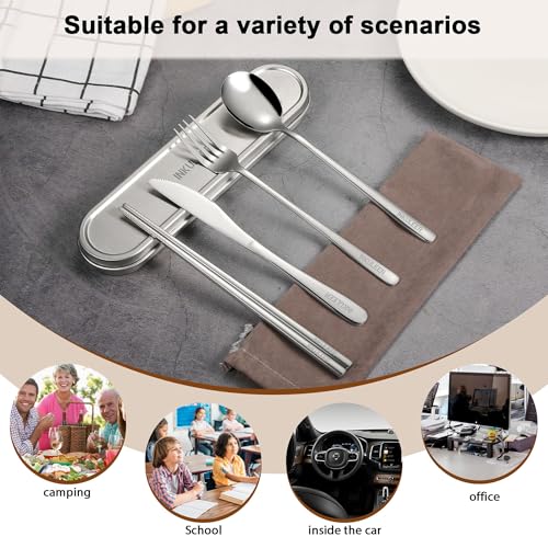 INKULEER Travel Cutlery Set - 18/8 Stainless Steel Reusable Utensils with Metal Case, Portable Silverware for Camping, Office, Travel & Outdoor Dining - color: Silver