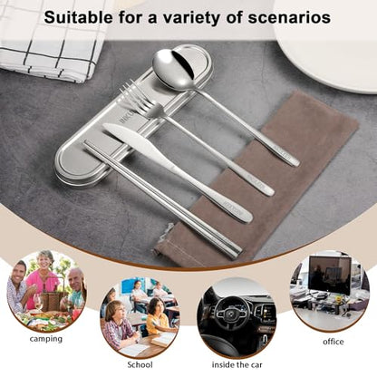 INKULEER Travel Cutlery Set - 18/8 Stainless Steel Reusable Utensils with Metal Case, Portable Silverware for Camping, Office, Travel & Outdoor Dining - color: Silver
