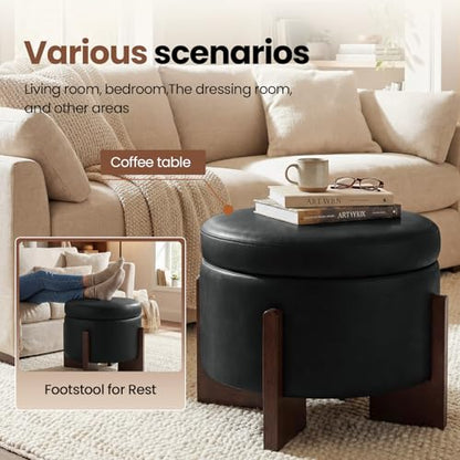 Faux Leather Round Ottoman, 22 Inch Storage Ottoman,PU Leather Ottoman,Multi-Functional Footrest for Living Room & Bedroom,Apartments (Black, Round) - color: Black