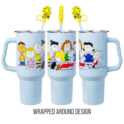 Silver Buffalo Peanuts Gang Charlie Brown, Snoopy, Woodstock, Lucy, Sally, Linus, Double Walled Stainless Steel Tumbler with Handle, Straw, and Straw Cap, Fits in Standard Cup Holder, 40 Ounces - color: Peanuts Gang Charlie Brown