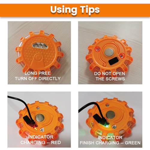 Ecoangel USB-C Rechargeable LED Road Flares Emergency Lights-Large Capacity (Lithium Battery) 3 in 1 Cable Roadside Warning Car Safety Beacon Flashing Disc Kit with Magnetic Base for Vehicles - color: USB-C 3PACK