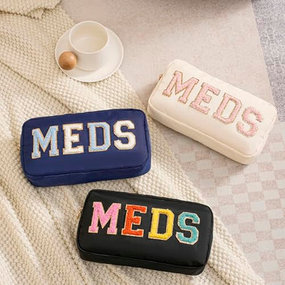 2Pcs Chenille Letter Patch Nylon Medicine Makeup Bag Set,Cute MEDS Travel Makeup Bag with Metal Zipper, First Aid Purse Organizer Cosmetic Bag for Women and Girls(Beige MEDS-RX) - color: Beige MEDS-RX