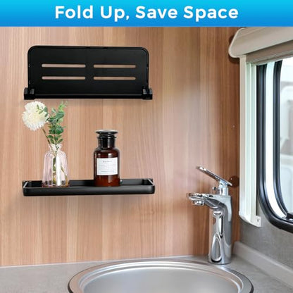 RV Fold-Down Wall Shelf - 12 Inch Space Saving Small Folding Shelf | Wall Mount Storage for RV, Laundry Room, Bathroom, Kitchen | Waterproof Rustproof Aluminum (Black)