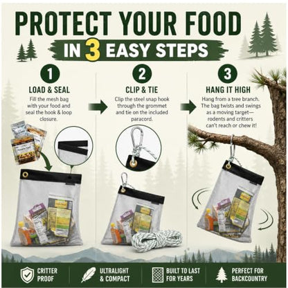 Ultralight Critter Protection Kit- Rodent Proof Stainless Steel Bag for Backpacking - Bear Bag Food Storage for Camping with Coghlans Odor Proof & Waterproof Liner, Survival Utility Rope & Carabiner - size: Medium