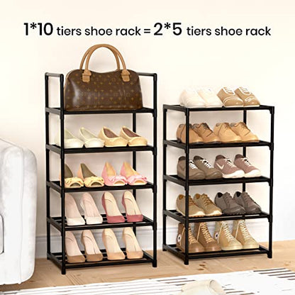 Narrow Shoe Rack 10 Tiers Tall Shoe Rack for Entryway Closet 20 24 Pairs Shoe & Boots Organizer Storage Shelf Durable Black Metal Stackable Shoe Cabinet with Hooks, 17.1D x 11.8W x 78.7H in - color: Black