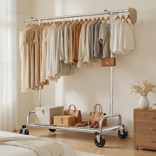 Raybee Heavy Duty Clothes Rack Load 485LBS, 74''W Clothing Rack with Mesh Shelf, Rolling Garment Rack with Adjustable Rail & Lockable Wheels for Bedroom, Laundry Room,Commercial - color: Chrome, style: Mesh Shelf
