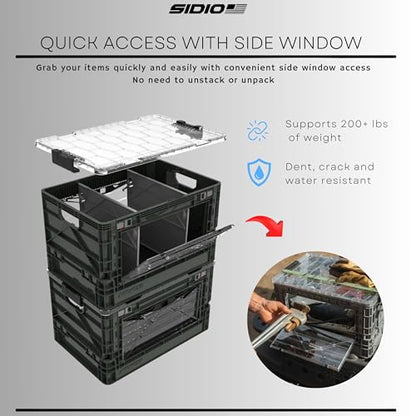 SIDIO Full-Size Collapsible Crate - Heavy Duty Stackable Storage Bin with Lid & 2 Short-Ways Dividers, Durable Plastic Organizer for Home, Office, Garage & Outdoor Use (Slime)