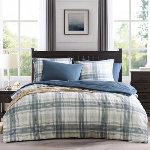 MaiRêve Plaid Queen Comforter Sets, Blue Grey Grid Farmhouse Bedding Set Bed in A Bag, Classic Checkered Comforter Sets with Fitted & Flat Sheet, Pillowcases & Shams(Blue Grey, 90"x90") - color: Blue Grey, size: Queen