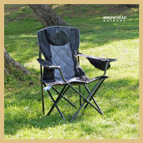 ARROWHEAD OUTDOOR Portable Deluxe Folding Camp Quad Chair w/Headrest, Glass & Cup Holders, Armest 6-can Cooler, Heavy Duty Carry Bag, 550 lbs Weight Capacity - color: Black
