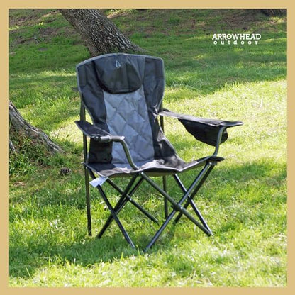 ARROWHEAD OUTDOOR Portable Deluxe Folding Camp Quad Chair w/Headrest, Glass & Cup Holders, Armest 6-can Cooler, Heavy Duty Carry Bag, 550 lbs Weight Capacity - color: Black