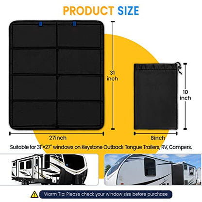 funomo RV Large Side Window Shade, 30 × 26 inch Foldable Magnet RV Blackout Window Cover, Keystone Outback Travel Trailer Side Windows Cover, UV Rays Protection Waterproof Thickened Oxford (Black) - color: Black-Blue Label, size: 30"L× 26"W