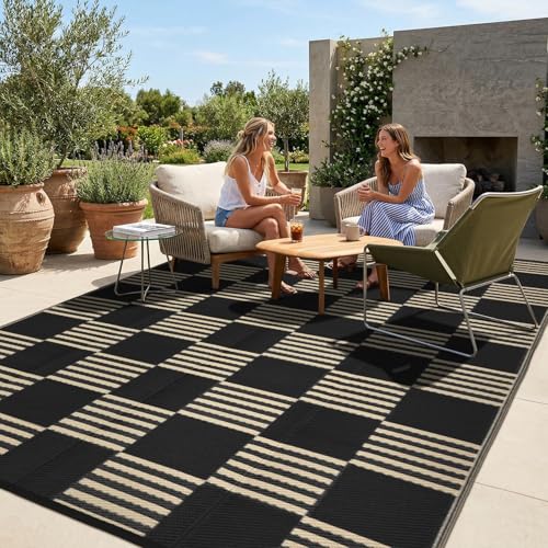 Garvee Waterproof Outdoor Rug 10x20, Checkered Foldable Plastic Straw Patio Camping Rug, Outdoor RV Carpet for Deck Camper Porch Balcony Backyard Picnic Beach Black and Brown - color: Black & Brown, size: 10' x 20'