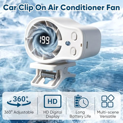 KOSIMI Car Clip on Air Conditioner Fan with LED Display, 360°Rotation, USB Rechargeable Personal Fan, Hands-Free Clip on Fan for Cars, Work, Camping (White) - color: White