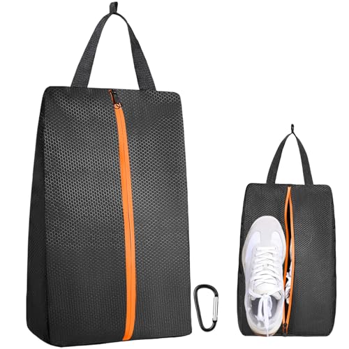 TOBWOLF Smell Proof Shoe Cleat Bag, Waterproof Golf Shoes Bag with Zipper and Handle for Packing in Suitcase, Sport Shoes Storage Bags for Travel, Running, Gym, Soccer, Car Shoe Organizer - color: Black-Orange