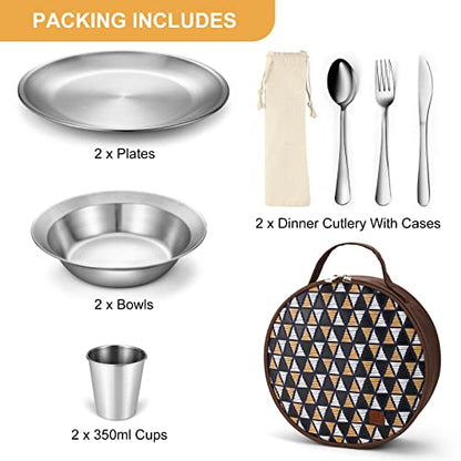 Odoland Stainless Steel Camping Mess Kit for Family & Person, Cooking Tableware Utensils with Plates Bowls Forks Spoons Knives & Savings Bag for Camping, Backpacking, Hiking, Picnic - style: 2 Person Set