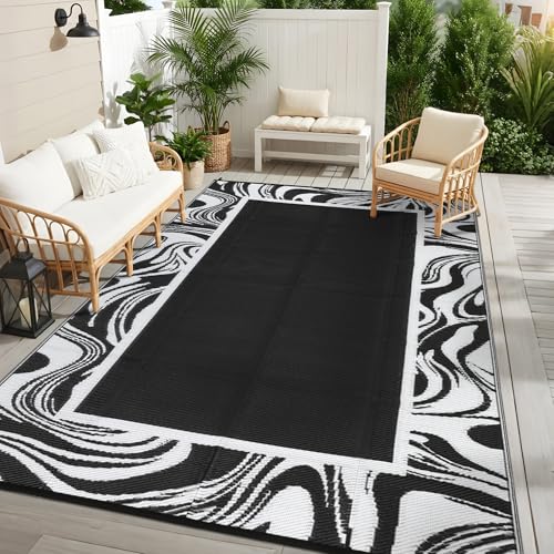 Garvee 10x14 Extra Large Black and White Outdoor Rug Waterproof Lightweight Deck Rugs Weather Resistant Plastic Straw Carpet Easy to Clean for Picnic, Porch, Camping, Balcony, Beach, Rv, Black White - color: Black White, size: 10' x 14' (Rectangular)