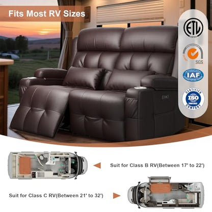 Power RV Loveseat Recliner Sofa, Reclining Loveseats Couch for RV Furniture, Home Theater Seating with Heat Massage, USB, Insert Pockets, Cup Holders, 150° Wall Hugger RV Recliners Sleeper Sofas - color: Brown, size: Loveseat-G1-Power