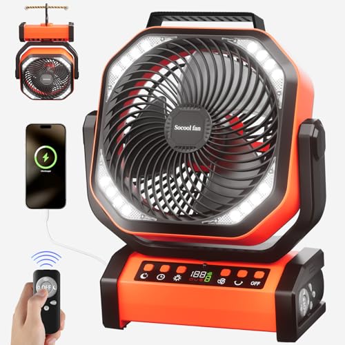 Socool Camping Fan with Light, 20000mAh Rechargeable Battery Fan with Remote, 112Hrs & 8 Speeds, Digital Display, Timer, Auto Oscillation, 270° Pivot & Hook for Outdoor Tent, Hurricane, Power Outage - color: Orange, size: 8.5inch