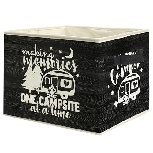 Rustic Camping Camper Storage Bin Box with Handles, Making Memories One Campsite at a Time Foldable Linen Fabric Laundry Basket for Home Bedroom Bathroom Clothes Toys Books(Black) - color: Black