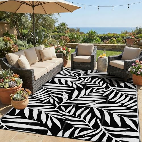 Smiry Outdoor Rug 5x8 ft, Waterproof Reversible Plastic Straw Rugs, Outdoor Area Rug with Leaf Pattern, Outside Floor Mat for Patio, Backyard, Deck, Picnic, Beach, Camping, Black & White - color: Black & White, size: 5' X 8' (Rectangular)