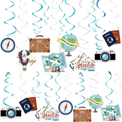 30PCS Travel Themed Hanging Swirl Party Decorations, Adventure Awaits Bon Voyage Signs Party Supplies for Birthday Party Retirement Party Farewell or Wedding Bachelorette Baby Shower Classroom Decor