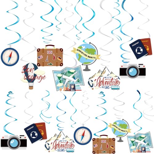 30PCS Travel Themed Hanging Swirl Party Decorations, Adventure Awaits Bon Voyage Signs Party Supplies for Birthday Party Retirement Party Farewell or Wedding Bachelorette Baby Shower Classroom Decor